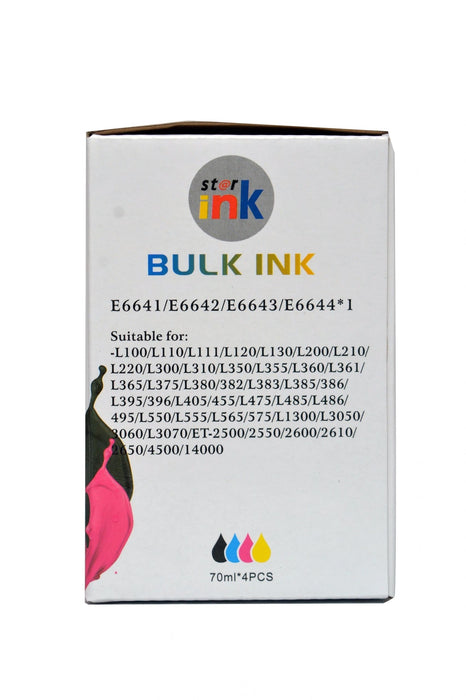 StarInk E6641, E6642, E6643 & E6644 Compatible Refill Ink For Epson E6641 For Use In Epson L100 / L110 / L130 / L200 / L210 / L220 / L300 / L350 / L355 / L365 / L485 / L550 Printers - 70 ML Each Bottle - Cyan, Magenta, Yellow & Black
